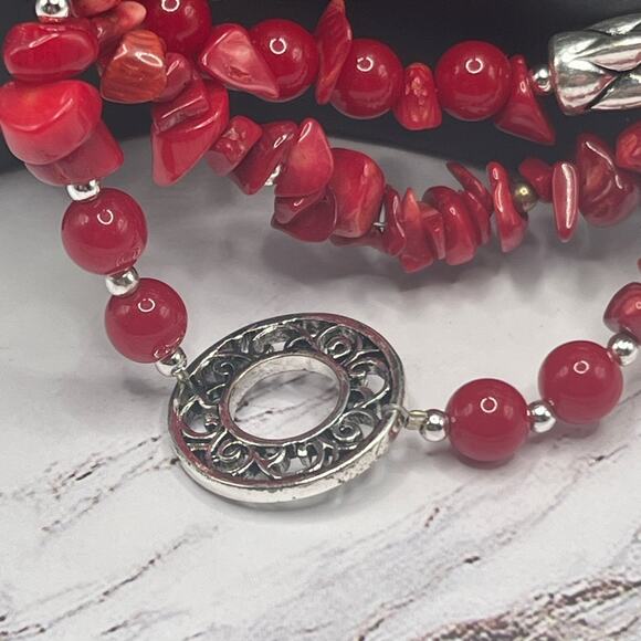 Vintage Premier Designs red coral and silver tone bracelet and necklace set - Picture 5 of 11